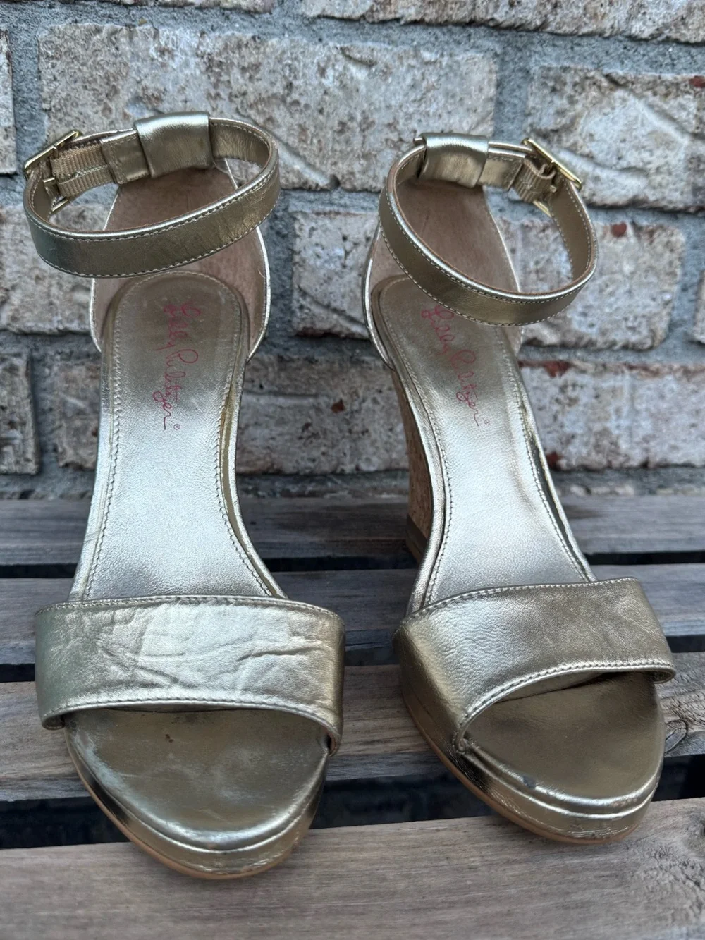 Lilly Pulitzer Metallic Gold Cork Wedge Sandals with Ankle Strap